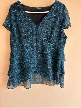 Ava & Grace Black V-Neck Sheer Blouse with Teal Floral Print
